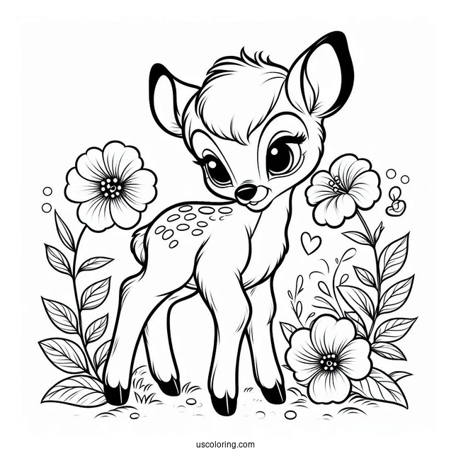 Detailed Coloring Sheet Of Bambi With Flower And Violet