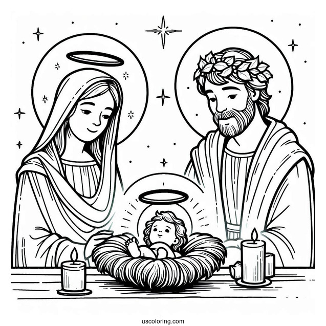 Nativity Coloring Page Of Joseph, Mary, And Jesus With Haloes