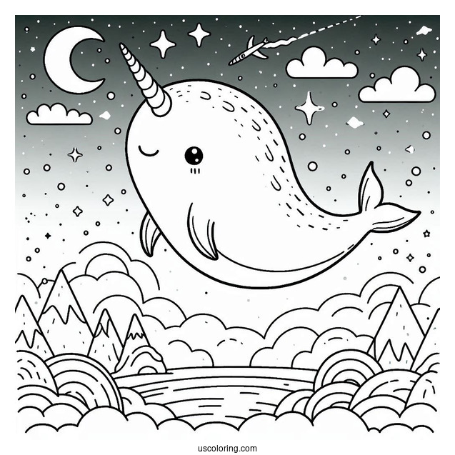 Cute Narwhal Coloring Page Flying In The Night Sky