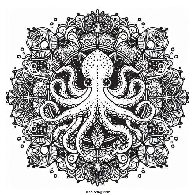 Intricate Nautical Mandala With Octopus Coloring Page In The Middle