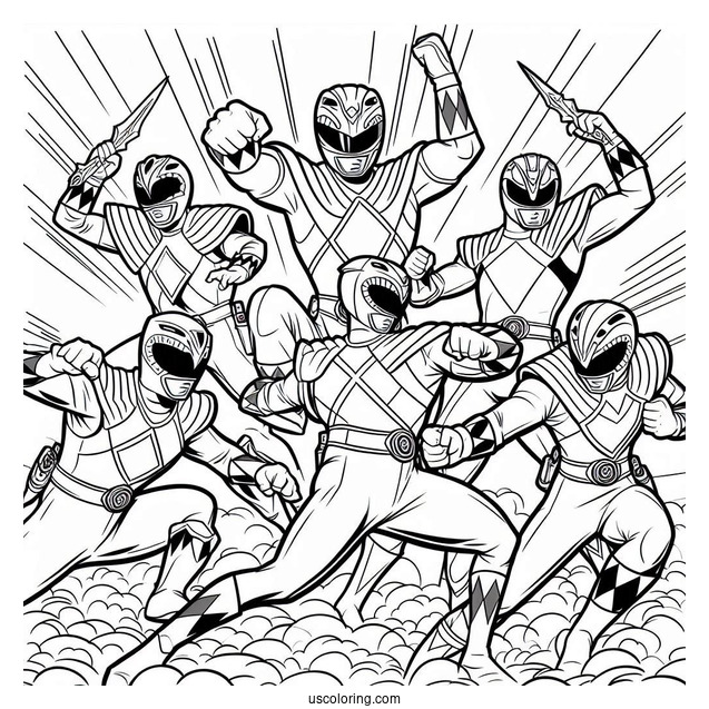 Coloring Page Of Power Rangers Fighting Together