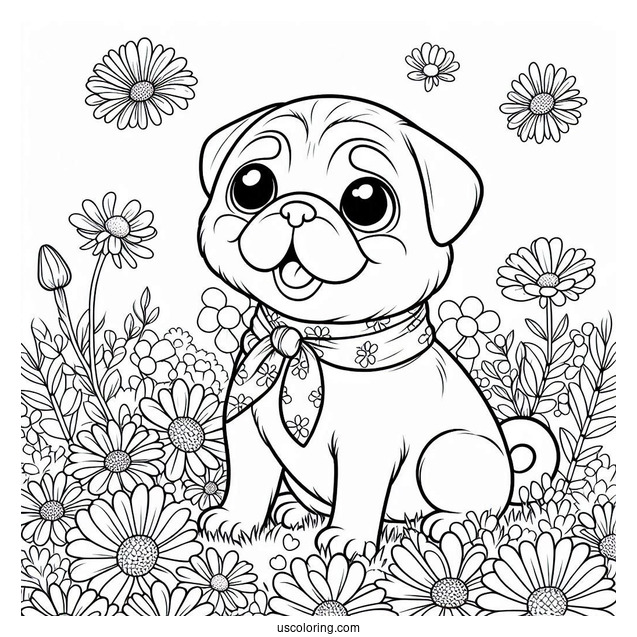 Coloring Sheet Of a Pug In Field Of Flowers