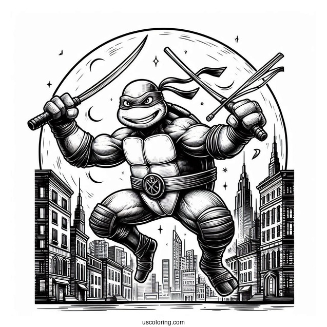Ninja Turtles Coloring Page Of Michelangelo Using Nunchucks In City