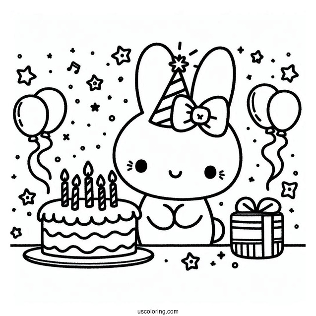 Miffy Coloring Page Celebrating Birthday With Streamer And Cake For Kids