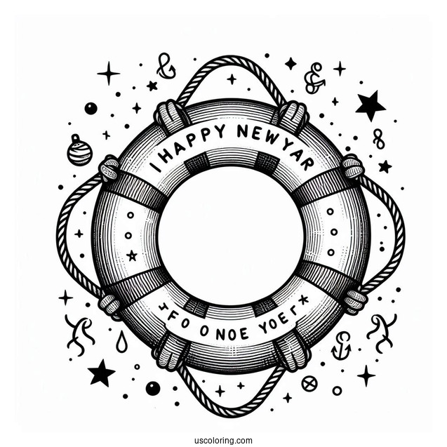 Life Buoy Ring With Happy New Year Coloring Page Of Words And Stars