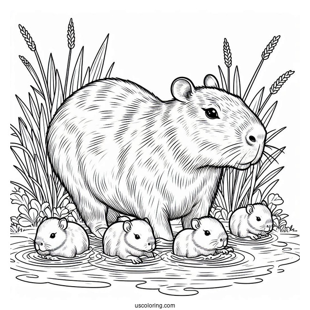 Mama Capybara Coloring Page With Babies In The Water