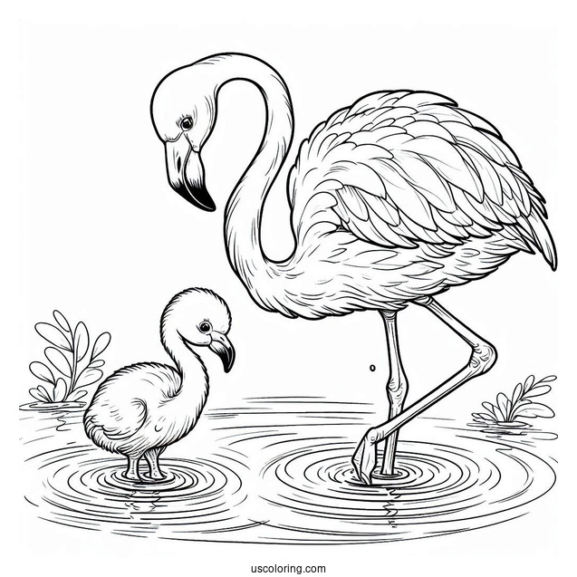 Mother And Baby Flamingo In Water To Color