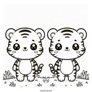 Two Cute Kawaii Tigers Standing On Grass