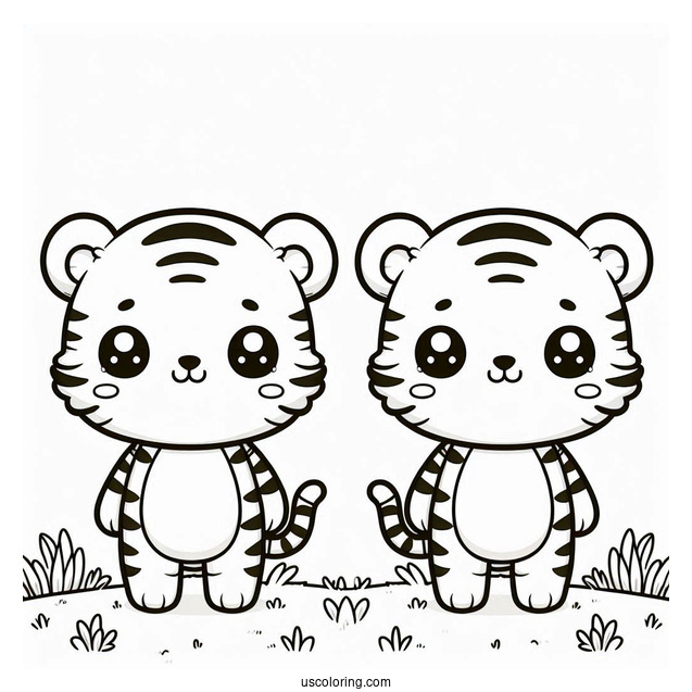 Two Cute Kawaii Tigers Standing On Grass