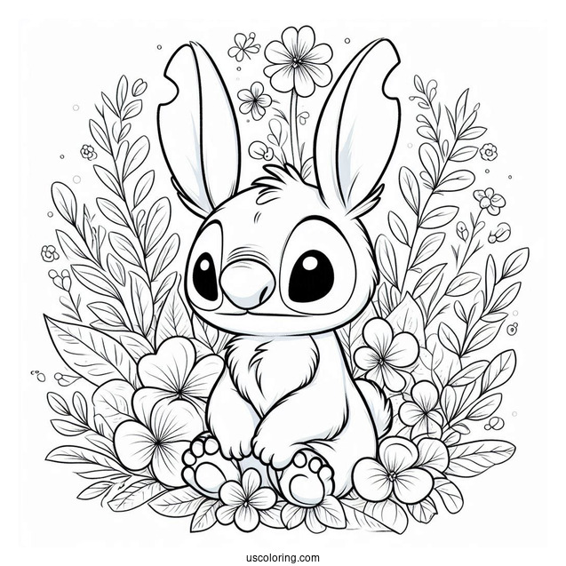 Furry Rabbit Coloring Page With Stitch Surrounded By Flowers