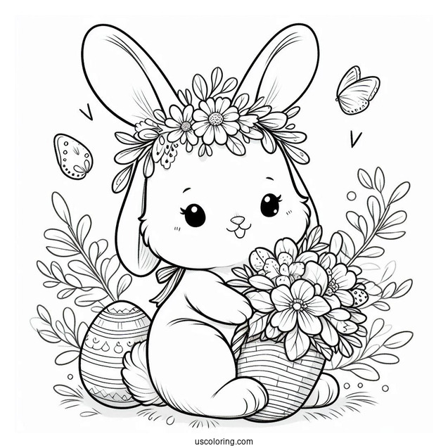 Cute Easter Bunny Coloring Page In Floral Cap Holding Flowers