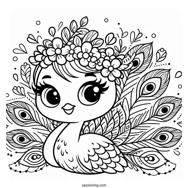 Smiling Cartoon Peacock Coloring Page with Floral Crown and Fanned Feathers For Kids