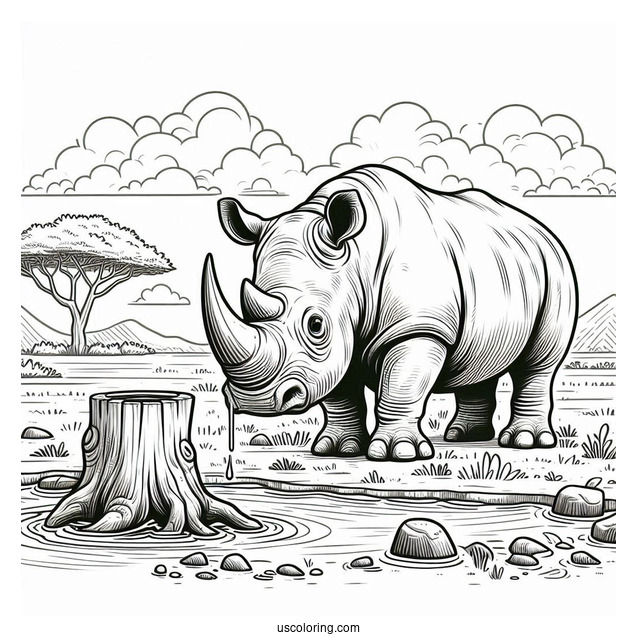 Angry Looking Rhino Next To Watering Hole