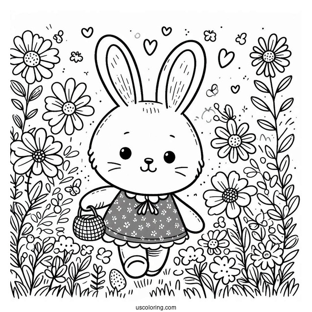 Pretty Little Easter Bunny Coloring Page In Flower Field For Kids