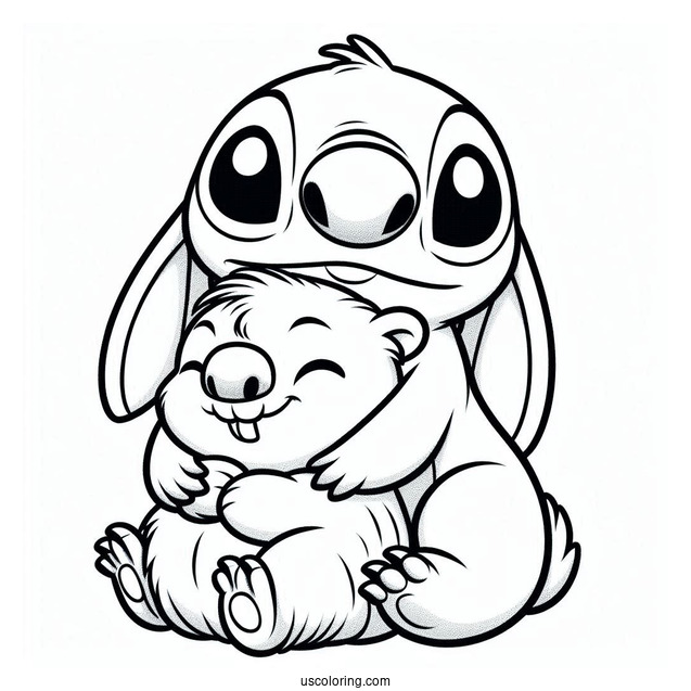Stitch Hugging A Furry Capybara Coloring Page For Kids