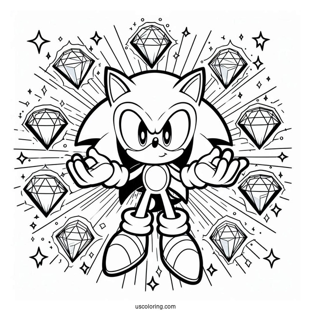 Super Sonic Coloring Page With Sonic Holding Chaos Emeralds