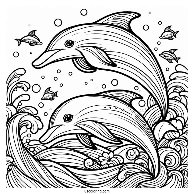 Two Dolphins Swimming In Waves