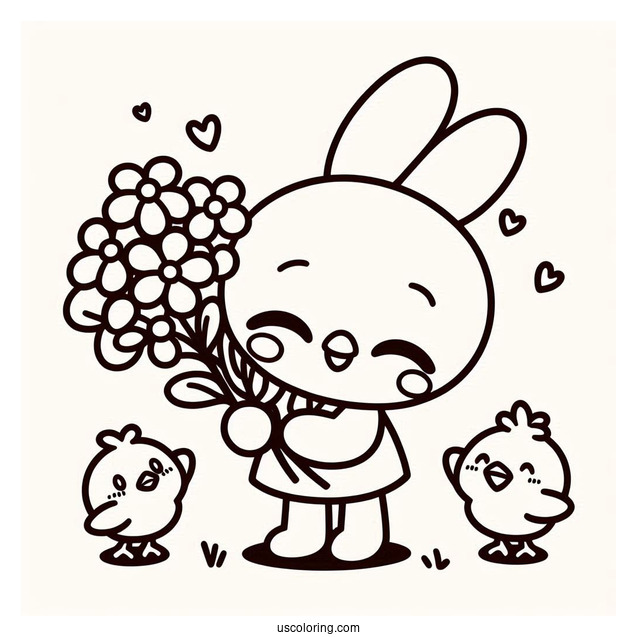 Easy Pochacco Coloring Page Holding Flower Bouquet With Choppy And Chicks
