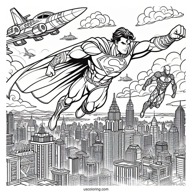 Justice League Coloring Page Flying In The City