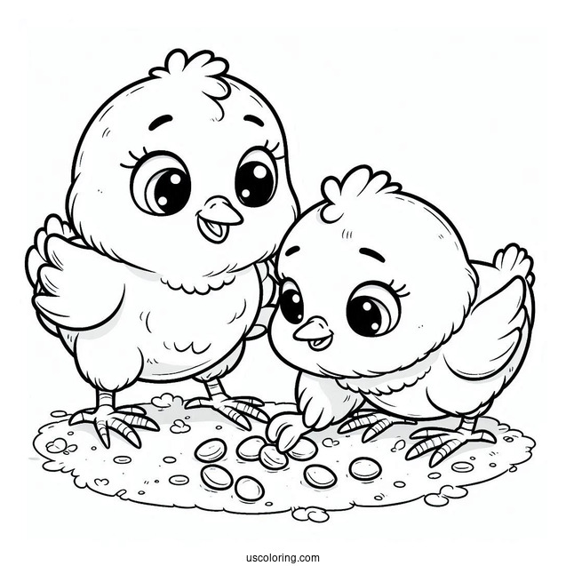 Two Cartoon Chickens Looking For Food