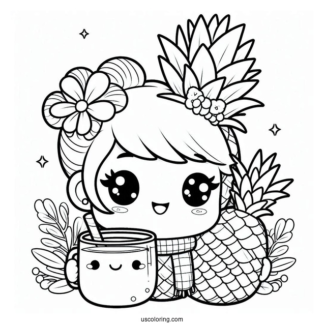 Smiling Pineapple Coloring Page Holding Milk Tea For Kids