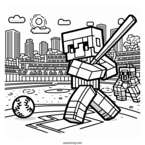 Minecraft Baseball Coloring Page Of Player Batting For Kids