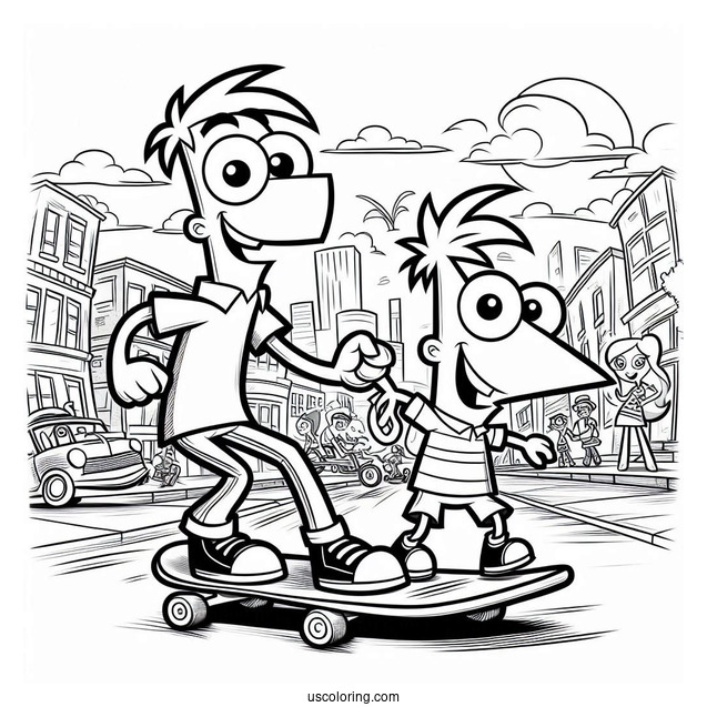 Phineas And Ferb Coloring Page Skateboarding