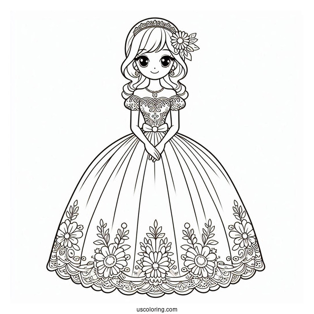 Easy Princess Daisy Coloring Page In Gown For Kids
