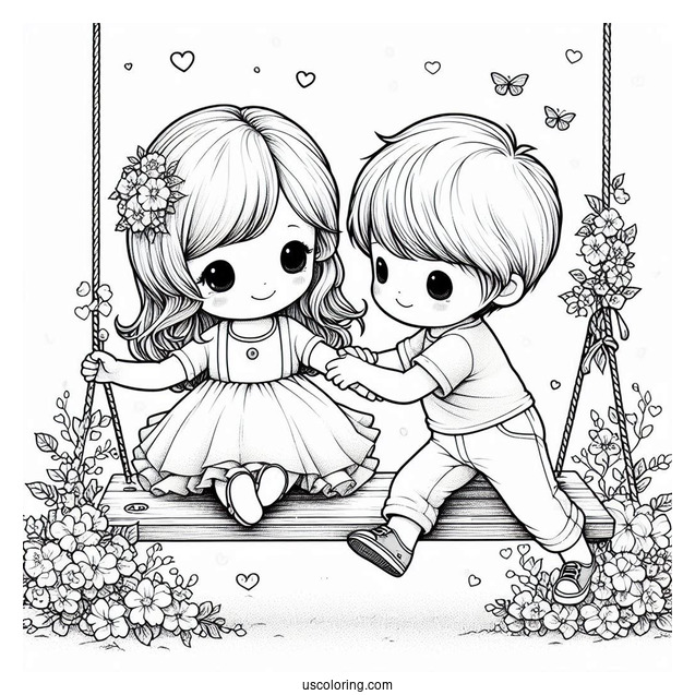 Simple Precious Moments Coloring Page Of Boy Pushing Girl On A Swing