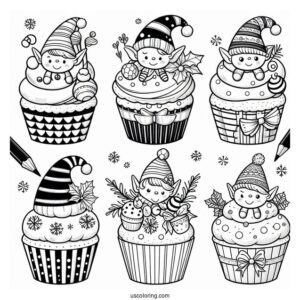 Christmas Themed Cupcake With Elves To Color