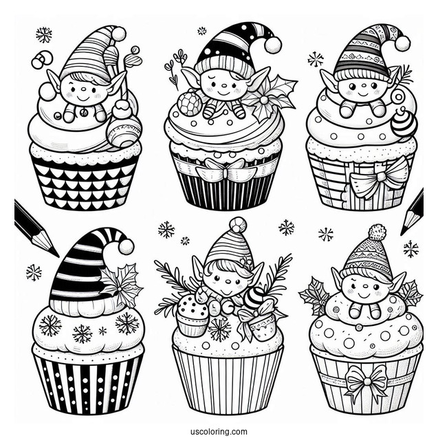 Christmas Themed Cupcake With Elves To Color