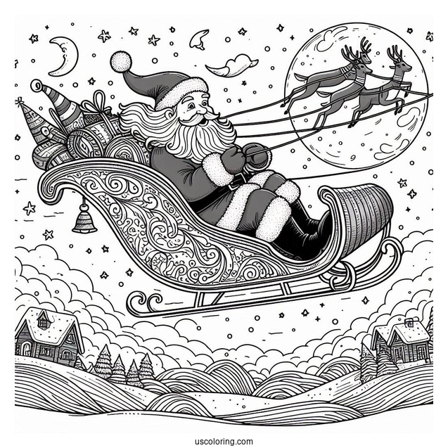 Santa Flying On A Sleigh Over The North Pole Coloring Page For Kids