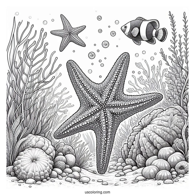 Realistic Starfish Coloring Page On Seafloor With Fishes