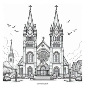Exterior Of A Big Protestant Church Coloring Page With Clock Towers