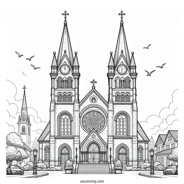 Exterior Of A Big Protestant Church Coloring Page With Clock Towers