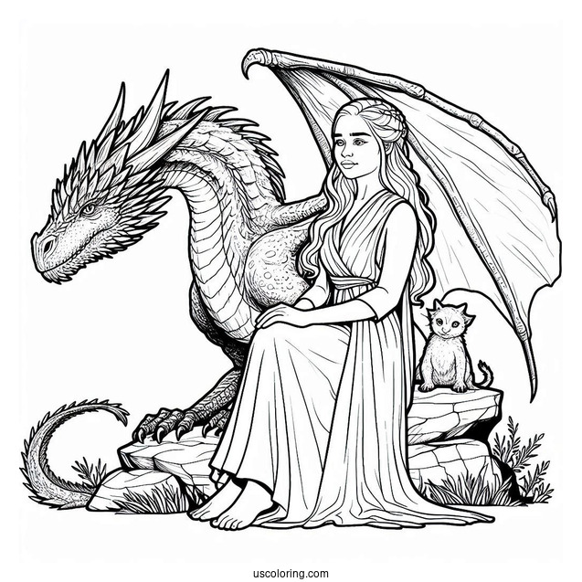 Daenerys Targaryen Sitting On A Rock Next To Her Dragon