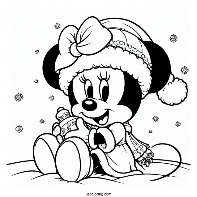 Minnie Mouse Wearing Santa Hat In Snow To Color