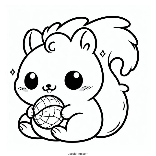 Kawaii Fluffy Squirrel Coloring Page Chewing On Nut