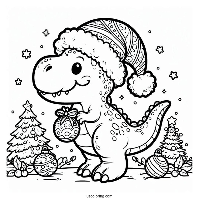 Christmas Themed T-Rex With Santa Hat To Color