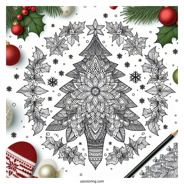 Christmas Tree Surrounded By Snow And Mistletoe Christmas Mandala Coloring Page