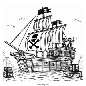 Easy Minecraft Pirate Ship Coloring Page With Two Pirates For Kids