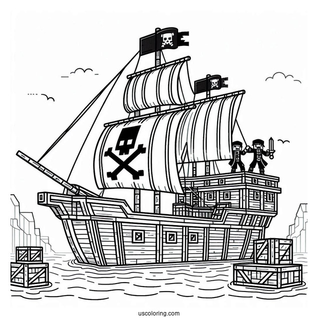 Easy Minecraft Pirate Ship Coloring Page With Two Pirates For Kids