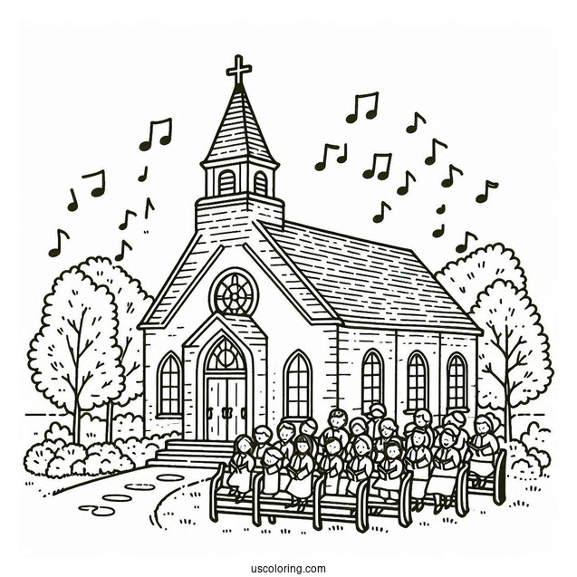 Easy Outline Of Church Coloring Page With Choir For Kids