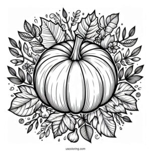 Top Of A Pumpkin Coloring Page Surrounded By Fall Leaves