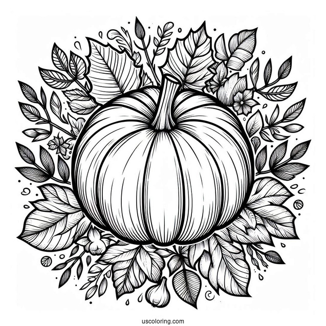 Top Of A Pumpkin Coloring Page Surrounded By Fall Leaves