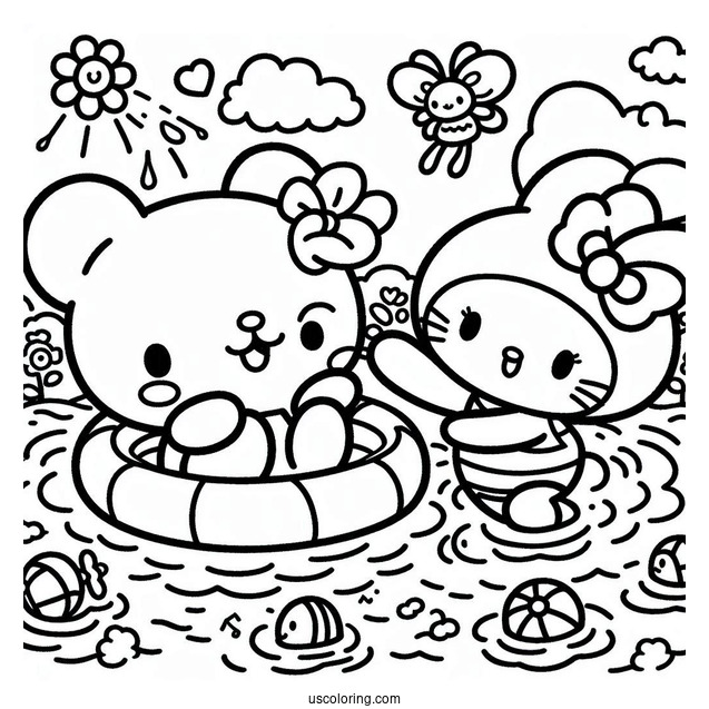 Sanrio Coloring Pages Of Keroppy And My Melody Playing In Pool Park