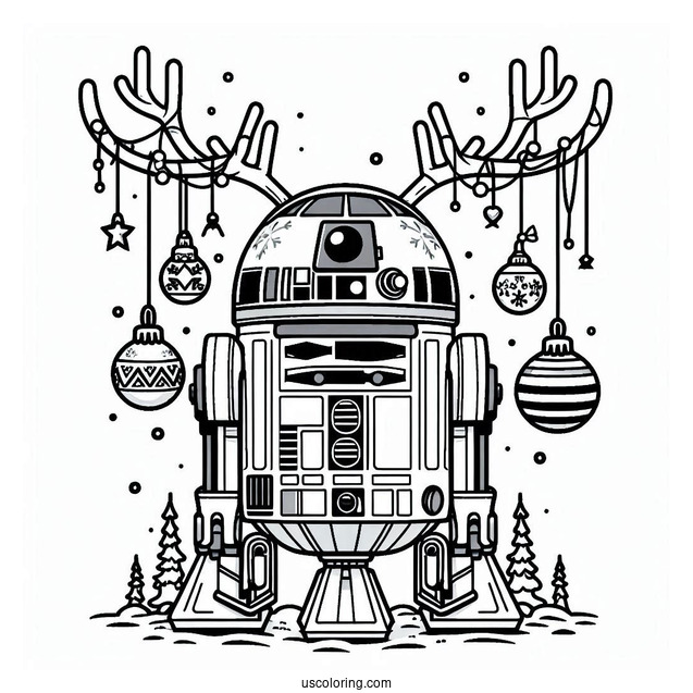 Cute R2-D2 Coloring Page With Antlers And Christmas Baubles For Kids