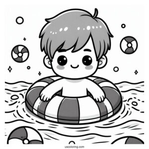 Swimming Coloring Page Of Happy Little Boy Wearing Pool Float For Kids