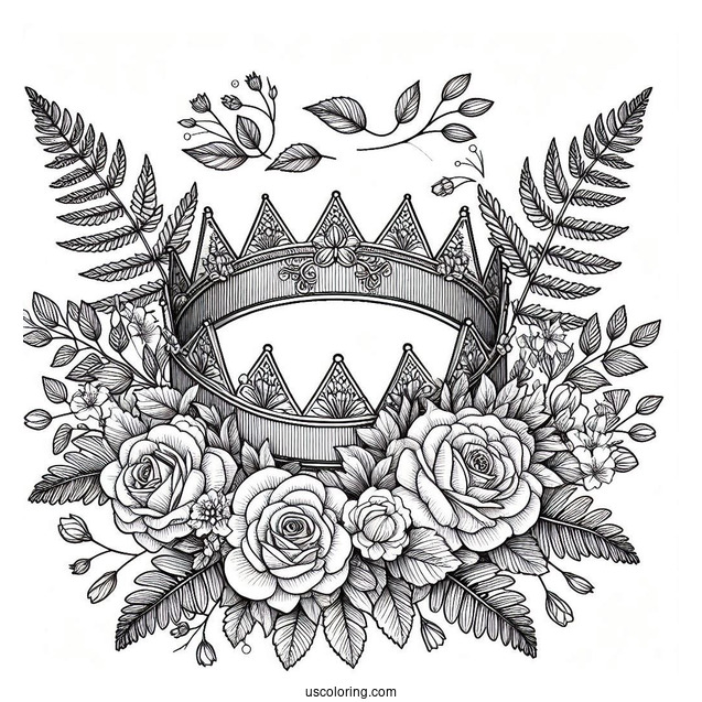 Detailed Flower Crown Coloring Page Surrounded by Roses and Fern Leaves