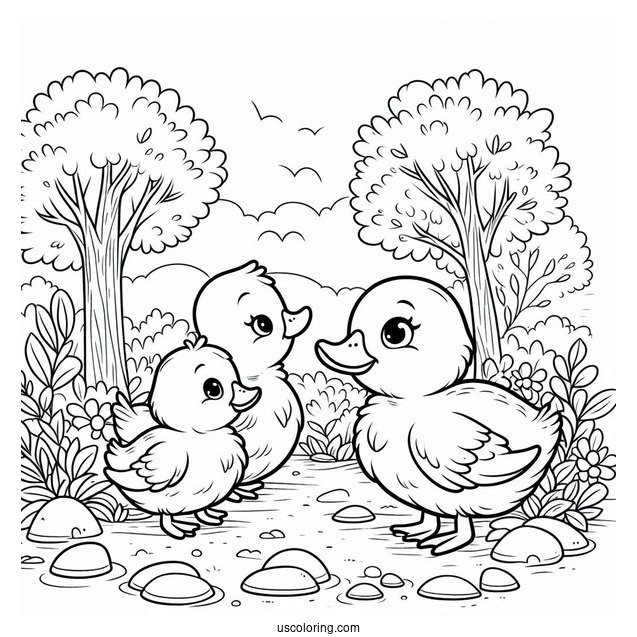 Three Little Ducklings In The Forest Coloring Sheet For Kids